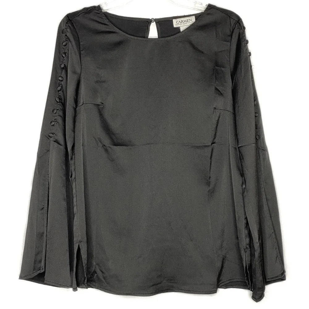 Carmen by Carmen Marc Valvo Black Satin Embellished Sleeve Top Size Small - Picture 4 of 9